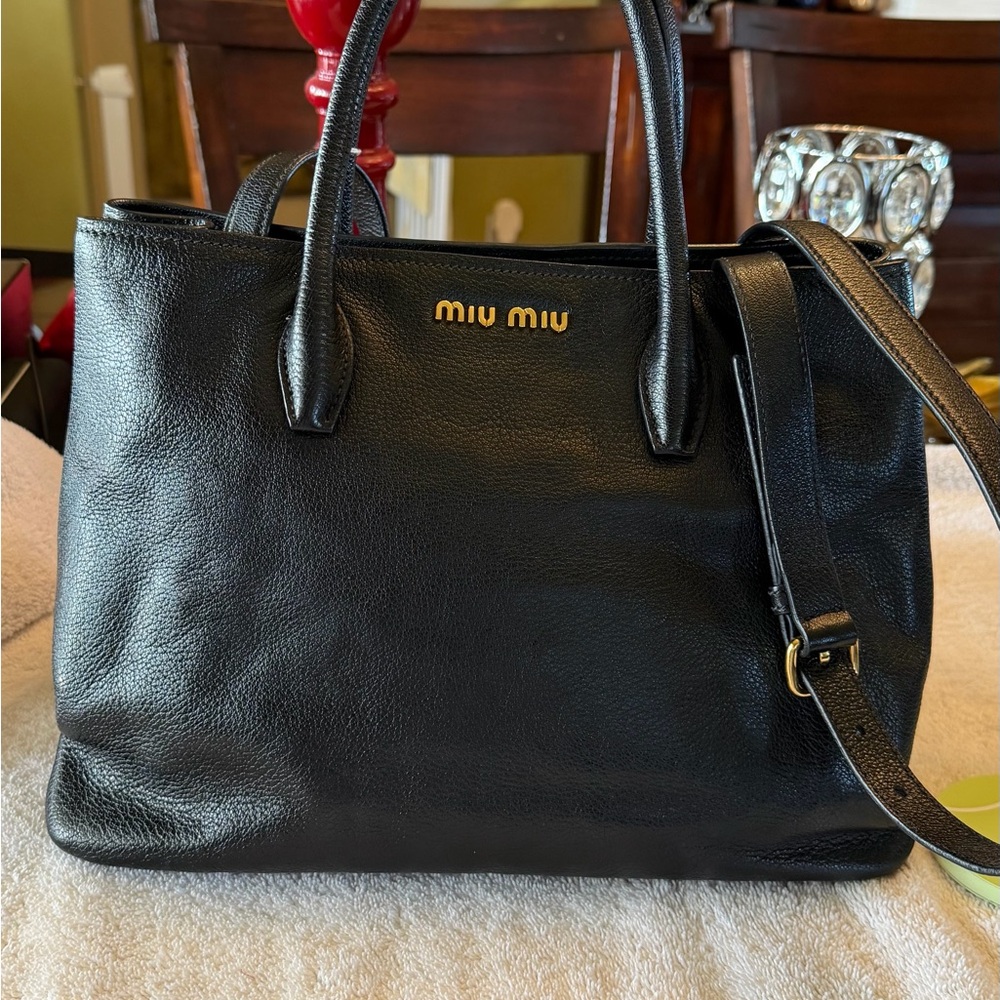 Miu Miu Black Leather Tote with Gold Logo